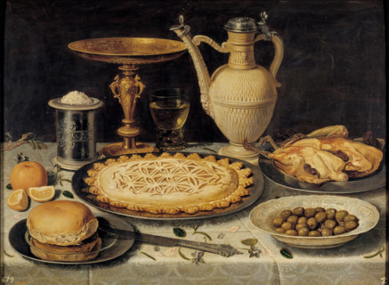 Still life with tazza, stoneware jug, saltcellar and dainties, probably 1611. Creator: Clara Peeters.