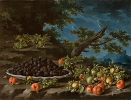 Still life with a plate of blackberries, acerolas and hazelnuts in a landscape, 1750.  Creator: Luis Meléndez.