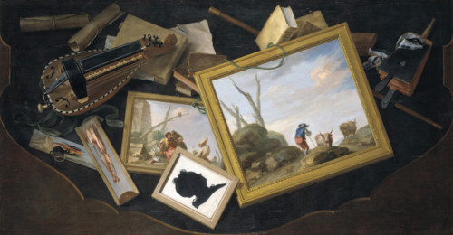 Trompe l'oeil of a Table in a Mess with Paintings, a Hurdy-Gurdy, Books and Other Objects, c1779. Creator: Charles Joseph Flipart.