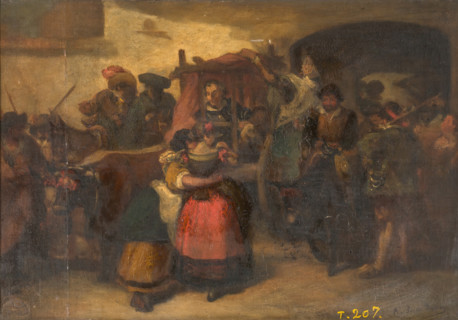Don Quixote in the chariot, leaving the inn, c1866.  Creator: Antonio Pérez Rubio.