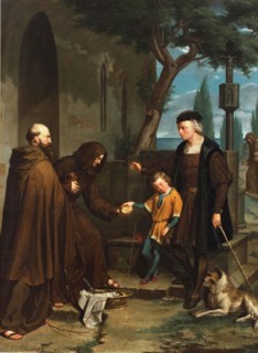 Columbus at the Convent of Santa María de la Rábida, asking for bread and water ...1858. Creator: Benito Mercade y Fabregas.