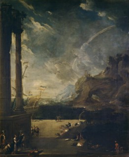 Landscape with Aeneas Departing from the Port of Carthage, c1700. Creator: Benito Manuel Aguero.