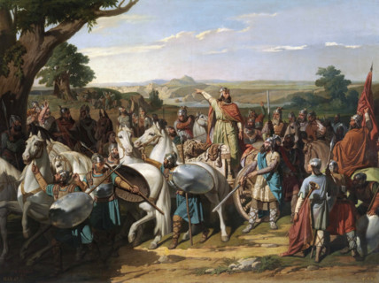 King Rodrigo addressing the leaders of his army before the Battle of Guadalete, 1871.  Creator: Bernardo Blanco Perez.