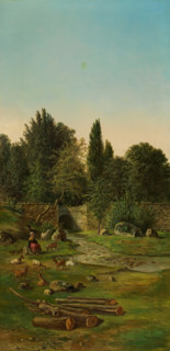 Landscape with goatherd by a river, 1891. Creator: Ceferino Araujo.