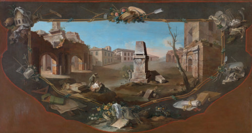 Landscape with architectural perspective and a broken obelisk, surrounded by decorative..., c1779. Creator: Charles Joseph Flipart.
