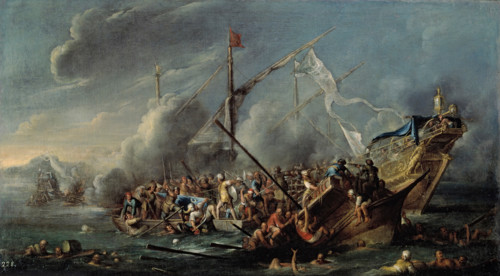 Naval battle between Spaniards and Turks, mid-17th century. Creator: Cornelis de Wael.