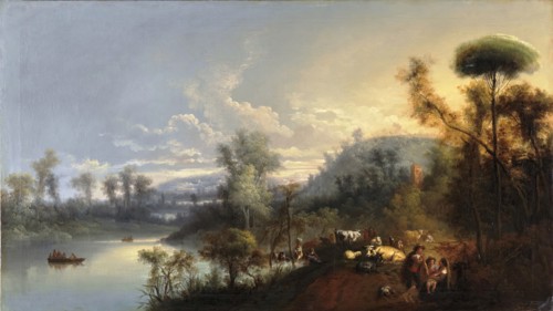 River landscape with figures and livestock, 1850. Creator: Manuel Barron y Carrillo.