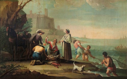 Three Sailors Casting a Net and a Woman Selling Fish, 1784. Creator: Zacarias Gonzalez Velazquez.