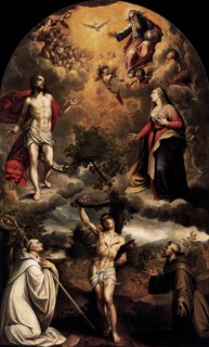 Mystical allegory with Saint Sebastian, Saint Bernard and Saint Francis, 1582. Creator: Alonso Sanchez Coello.
