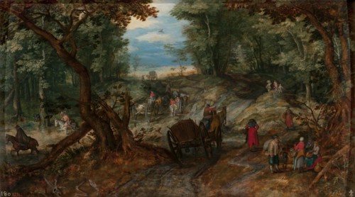 Forest road next to a fordable pond with travelers, c1607. Creator: Jan Brueghel the Elder.