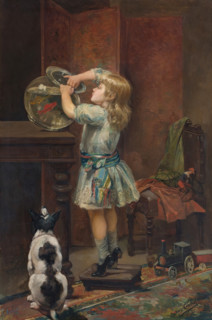 A girl playing with a fish tank, 1890. Creator: Francisco Díaz Carreño.