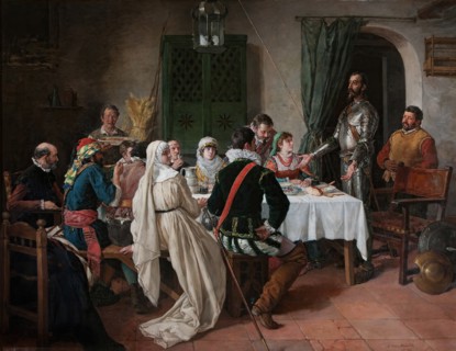 Speech given by Don Quixote on arms and letters (chapter XXXVIII), 1884. Creator: Manuel García y García.