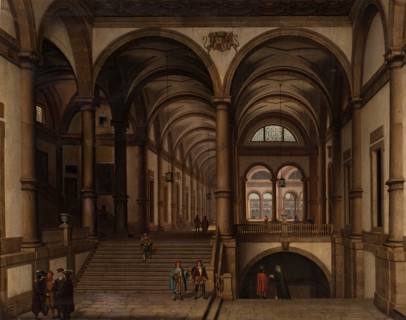 Palace with a gallery and spacious Greco-Roman style staircase, 1855. Creator: Pablo Gonzalvo Pérez.