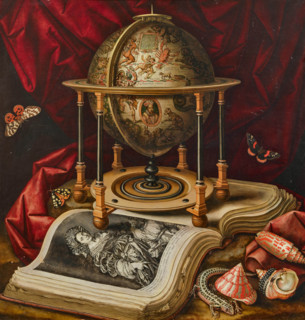 Still life with celestial globe, open book, shells, lizard and butterflies, First Half of 17th cen. Creator: Carstian Luyckx.