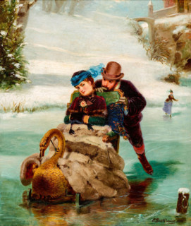 Lovers with a sleigh on a frozen lake, 1886. Creator: Charles Boutibonne.
