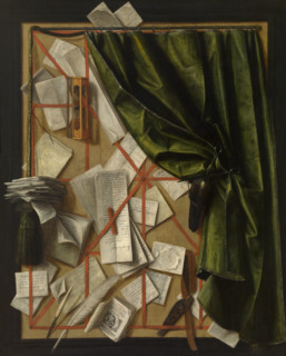 Trompe-l'oeil: Letter Rack with an Hourglass, a Razor and Scissors, 1664. Creator: Cornelis Norbertus Gijsbrechts.