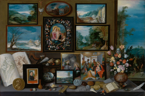 The cabinet of a collector with paintings, shells, coins, fossils and flowers, 1619. Creator: Frans Francken II.