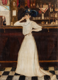 Woman leaning on a bar, 1906. Creator: George Bottini.