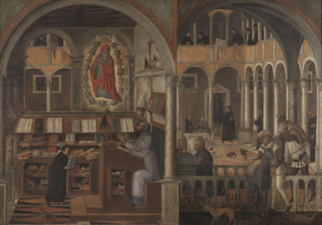 Saint Jerome appearing to Saint Augustine and the Discovery of Flour in Benedictine... c1505. Creator: Giovanni di Niccolo Mansueti.