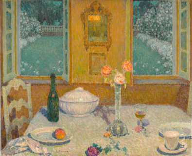 The Table overlooking the flower garden at dusk, 1930. Creator: Henri Eugene Le Sidaner.