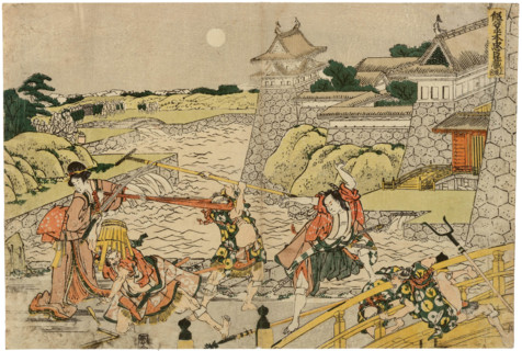 Night Scene, Act 3 from the series Treasury of the Forty-Seven Loyal Retainers (Kanadehon... c1803. Creator: Hokusai.