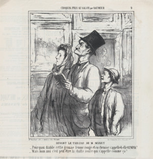 Looking at a Manet painting, from "Sketches from the Salon". Le Charivari, June 19, 1865 Creator: Honore Daumier.