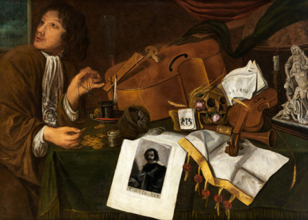 Vanitas still life with musical instruments, portrait copper engraving "Petrus de... 17th century. Creator: Jacques de Claeuw.