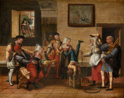 Interior of a tavern with an acrobat and a bagpipe player, First Half of 16th cen. Creator: Jan van Amstel.