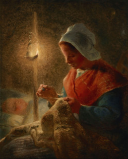 Femme coud à la lumière de la lampe (Woman Sewing by Lamplight), c1870-1872. Creator: Jean Francois Millet.