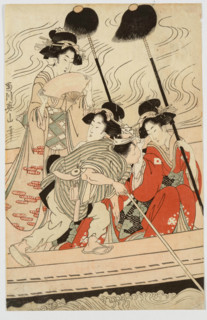 Party of geisha and courtesans with young attendants (kamuro) in a ferry boat. A sheet of... 1810s. Creator: Kikukawa Eizan.