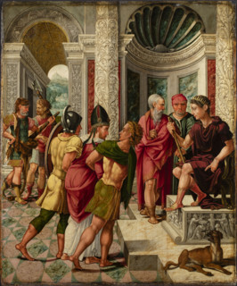 Saint Dionysius brought to the prefect Fescennius. Altarpiece of the church of... c1533. Creator: Lambert Lombard.