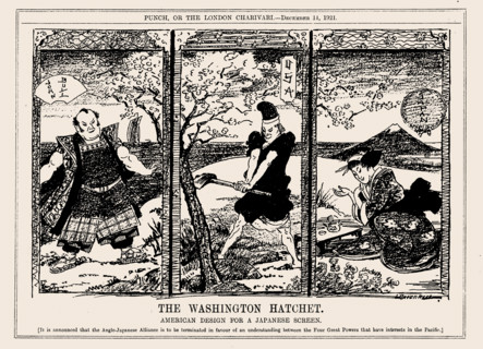 The Washington Hatchet. American design for a Japanese screen, Punch, December 11, 1921 Creator: Leonard Raven-Hill.