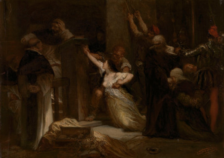 A Jewish family accused of healing religious objects and tortured by the Holy Inquisition. Creator: Louis Gallait.