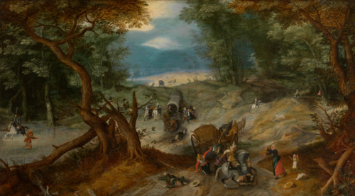 Wooded landscape with a robbery on a forest path, c1607. Creator: Sebastian Vrancx.