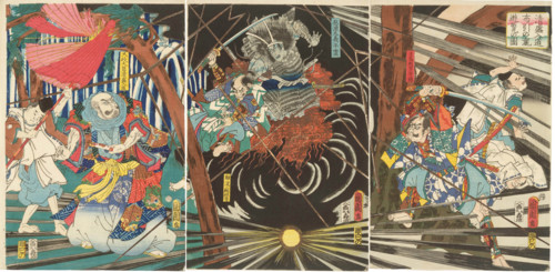 Kiyomori and the History of Nunobiki Waterfall: The spirit of Akugenta Yoshihira strikes... 1861. Creator: Toyohara Kunichika.