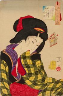 Thirty-Two Aspects of Women: Looking Shy - Habits of a young woman of the Meiji era, 1888. Creator: Tsukioka Yoshitoshi.