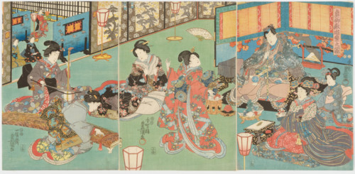 Okugoten yuraku no zu (Scenes of Amusements at Oku Palace). Triptych. Creator: Utagawa Kunisada.