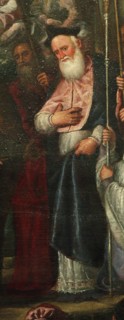 Patriarch Giovanni Trevisan. Detail of "The Doge and the Patriarch Welcoming Henri III,... 1593. Creator: Vicentino, Andrea (c. 1542-1617).