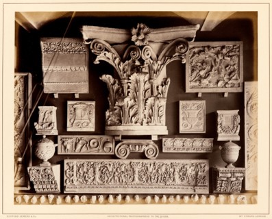 Casts of Roman capital, possibly from Pantheon, late Roman frieze and other fragments, 1876. Creator: Bedford Lemere and Company.