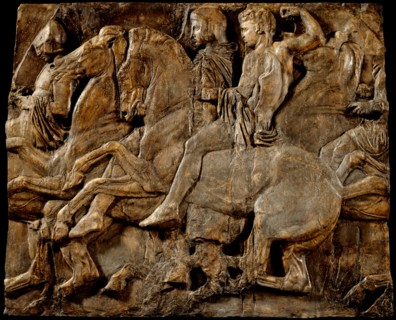 Cast of slab of riders from North frieze of Parthenon (figures 118-121, Slab XLIII..., 19th century. Creator: Unknown.