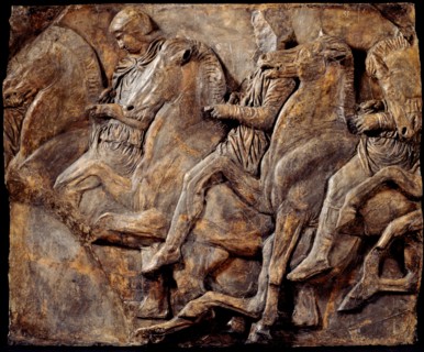 Cast of slab of riders from North frieze of Parthenon (figures 122-124, Slab XLIV..., 19th century. Creator: Unknown.