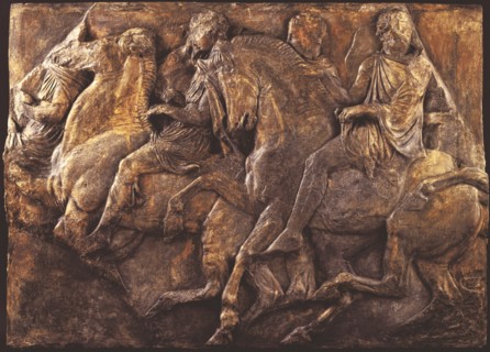 Cast of slab of riders from North frieze of Parthenon (figures 128-131, Slab XLVI..., 19th century. Creator: Unknown.