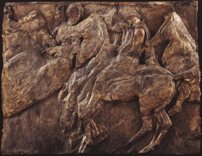 Cast of slab of riders from North frieze of Parthenon (figures 125-127, Slab XLV=Michaelis XL). Creator: Unknown.