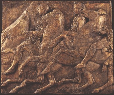 Cast of slab of riders from North frieze of Parthenon (figures 110-111, Slab XL..., 19th century. Creator: Unknown.