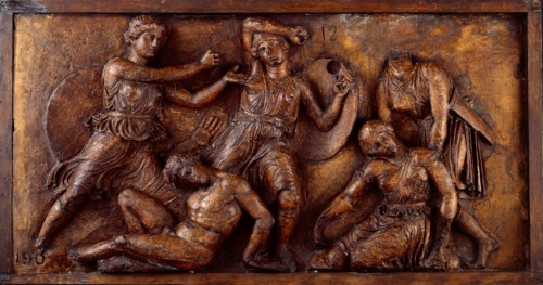 Amazon and Greek fighting with another Amazon supporting wounded companion on the right, 1816. Creator: Unknown.