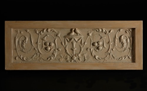 Decorative relief: Two doves on urn with scrolling vines at either side. Creator: Unknown.