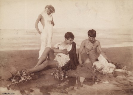 Three youths dressed in pseudo-ancient Greek or Roman costume,  Taormina, Sicily, c1890s. Creator: Count Wilhelm von Gloeden.