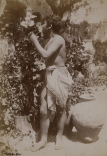 Youth dressed in ancient Greek or Roman costume,  Taormina, Sicily, c1890s. Creator: Count Wilhelm von Gloeden.