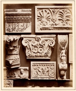 Casts of frieze from Erechtheum, Roman honeysuckle, Greek pilaster capital, corbel with..., 1876. Creator: Bedford Lemere and Company.