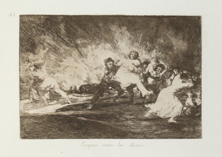 Escapan entre las llamas.; Los Desastres de la Guerra, Madrid 1863. Creator: Francisco Goya.